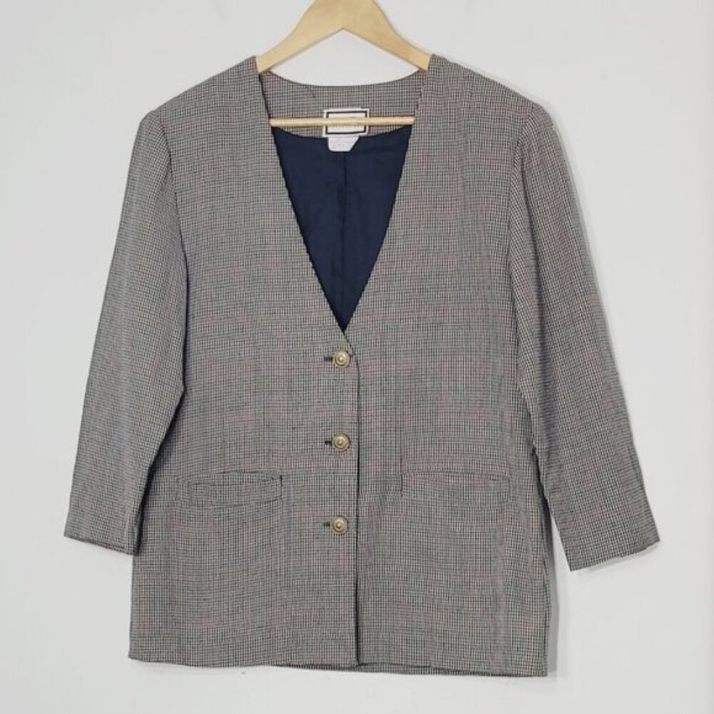 Carroll Reed Women's Vintage Red Tan Black Check V-Neck Button Front Blazer 12